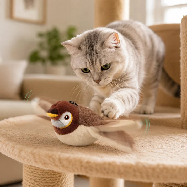 Juguete interactivo recargable para gatos - Pájaro que aletea, animales de peluche y juguetes activados por movimiento para gatos de interior