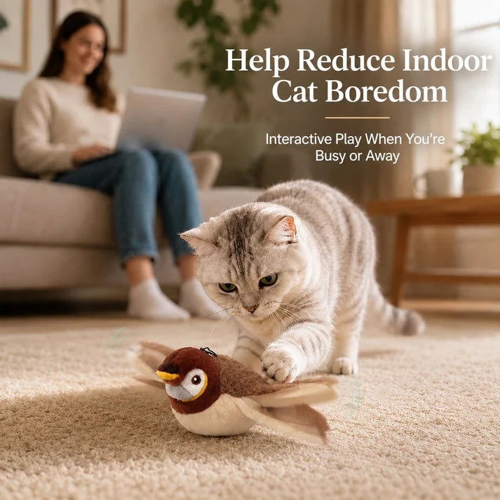 Juguete interactivo recargable para gatos - Pájaro que aletea, animales de peluche y juguetes activados por movimiento para gatos de interior