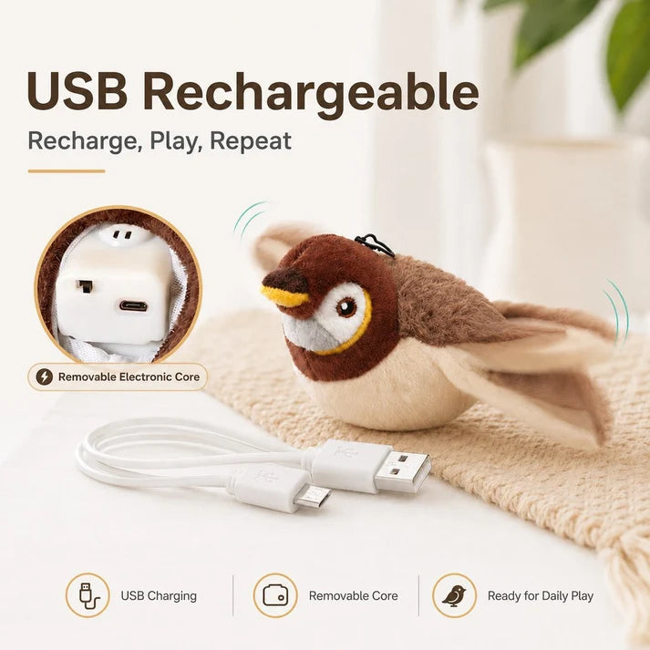 Juguete interactivo recargable para gatos - Pájaro que aletea, animales de peluche y juguetes activados por movimiento para gatos de interior