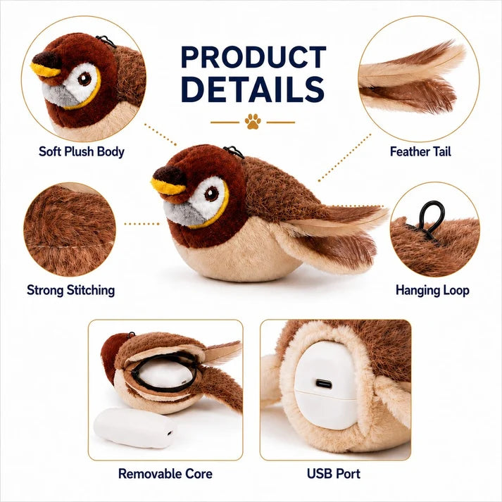 Juguete interactivo recargable para gatos - Pájaro que aletea, animales de peluche y juguetes activados por movimiento para gatos de interior